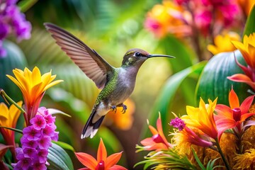 Fototapeta premium A hummingbird surrounded by tropical flowers.