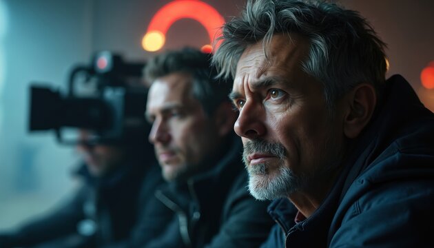 Close-up portraits of movie directors on film set. Intense focus, cinematic atmosphere. Men watch filming with cameras, creating motion picture. Focus, directing process, production,