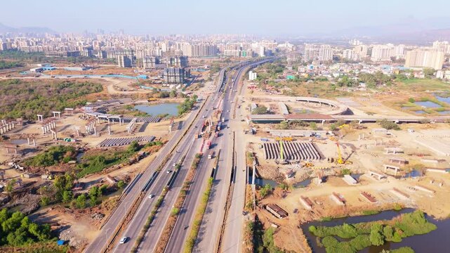 Drone shot multi lane overpass with active traffic