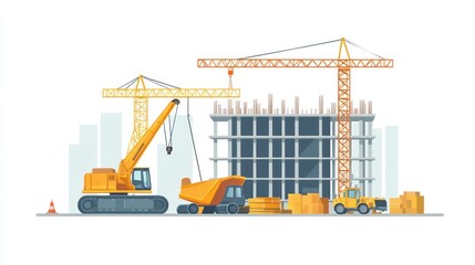 Construction site with cranes and vehicles, urban background, illustration, building progress