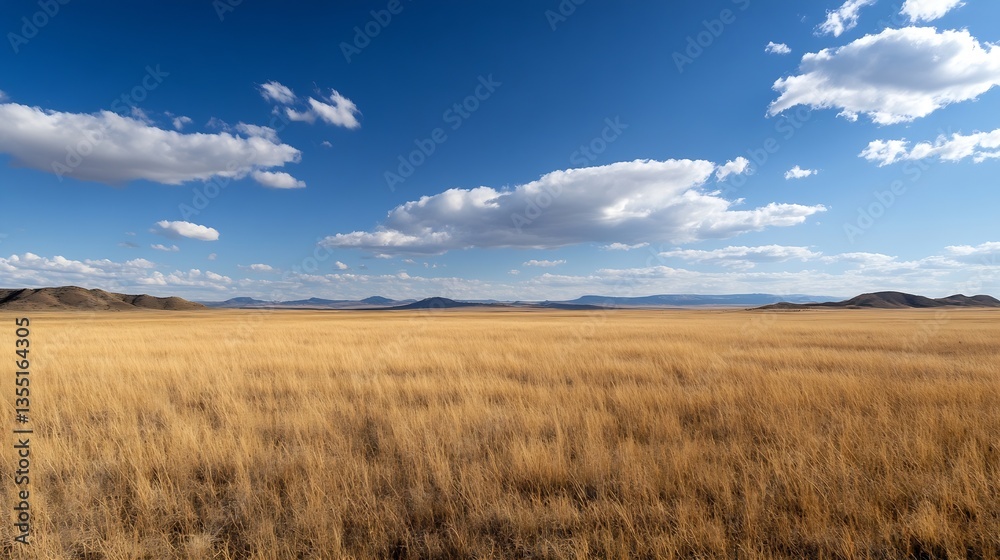 Poster expansive view of golden grassland under clear blue sky with fluffy white clouds creating serene lan