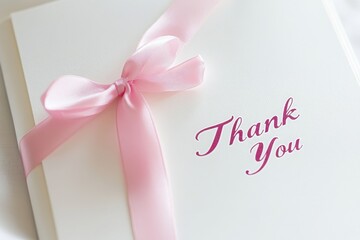 A white wedding card with the words thank you written in cursive, tied at one corner with a pink ribbon