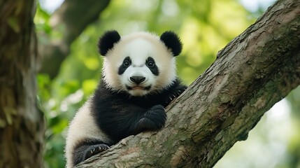 Fototapeta premium Adorable young panda relaxing on a tree branch amid lush green foliage : Generative AI