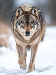 Fototapeta premium Focused wolf walking steadily through the snow showcasing its strength and determination : Generative AI