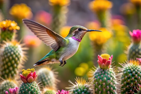 A hummingbird in a desert landscape with cacti and succulents. - Powered by Adobe