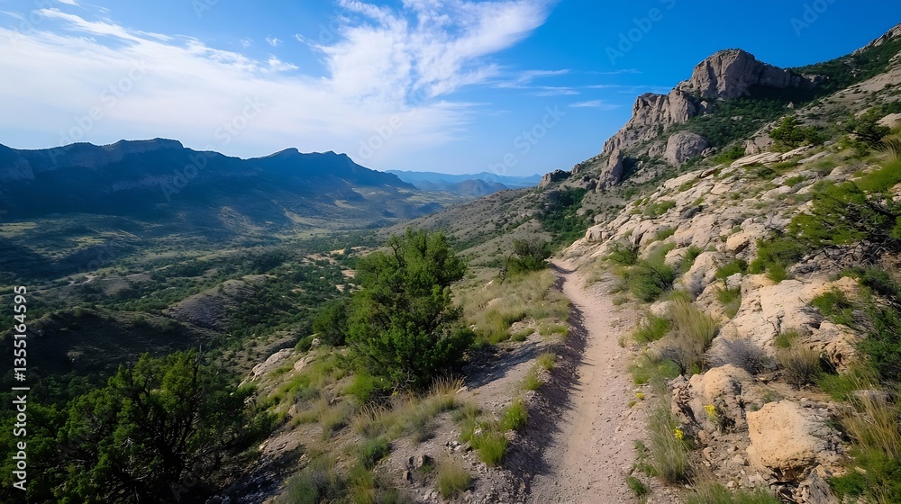 Poster path winding through rugged terrain capturing the beauty of nature and the majesty of mountains : ge