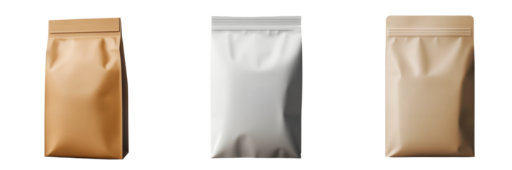 Blank Packaging Bags for Coffee, Tea, or Snack Products Isolated on Transparent Background