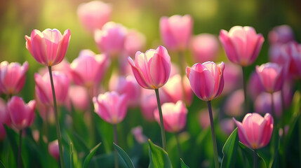 Fototapeta premium Pink tulips blooming in spring garden