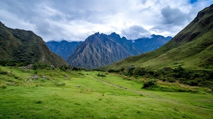 Fototapeta premium Lush green valley surrounded by majestic mountains under a cloudy sky in nature : Generative AI