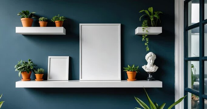 A5 Frame Mock Up Against a Wall Background Featuring Shelves and Plants, Blank Frame for Including Your Own Artwork, Art Prints, Quotes, and Lettering