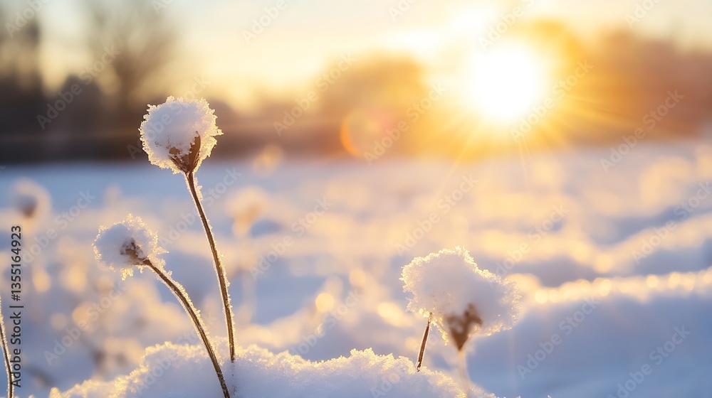 Poster delicate frozen flower buds basking in the golden light of sunrise on a snowy field creating a seren