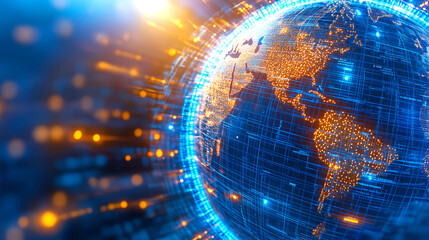 Obraz premium The visual representation highlights a digital globe surrounded by luminous data streams. Continents and oceans are illuminated, symbolizing global connectivity and information exchange