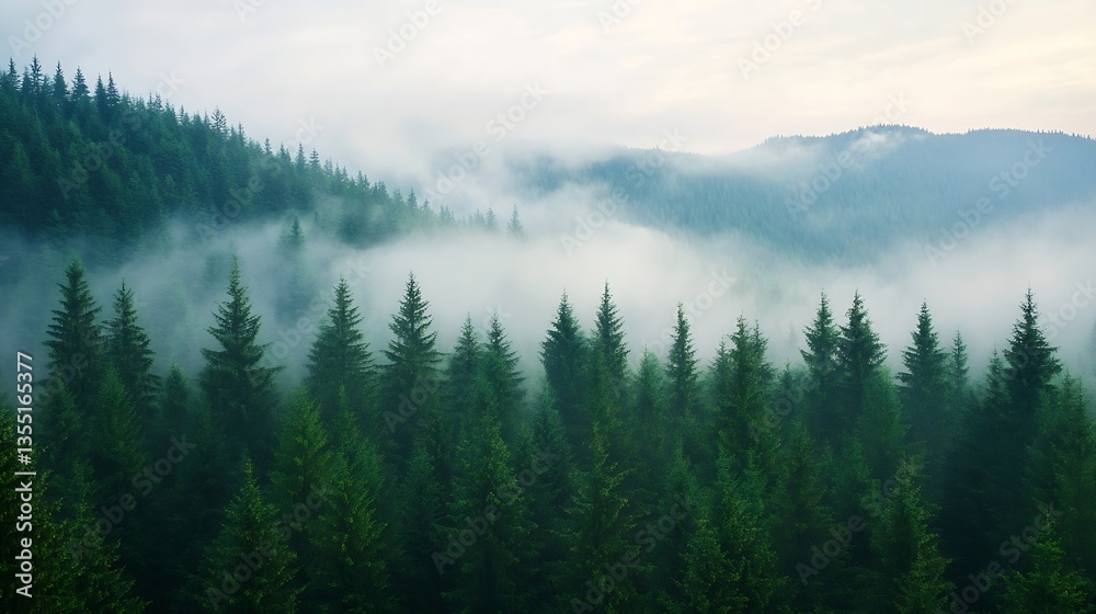 Poster stunning panoramic view of lush green coniferous forest shrouded in mystical misty clouds : generati