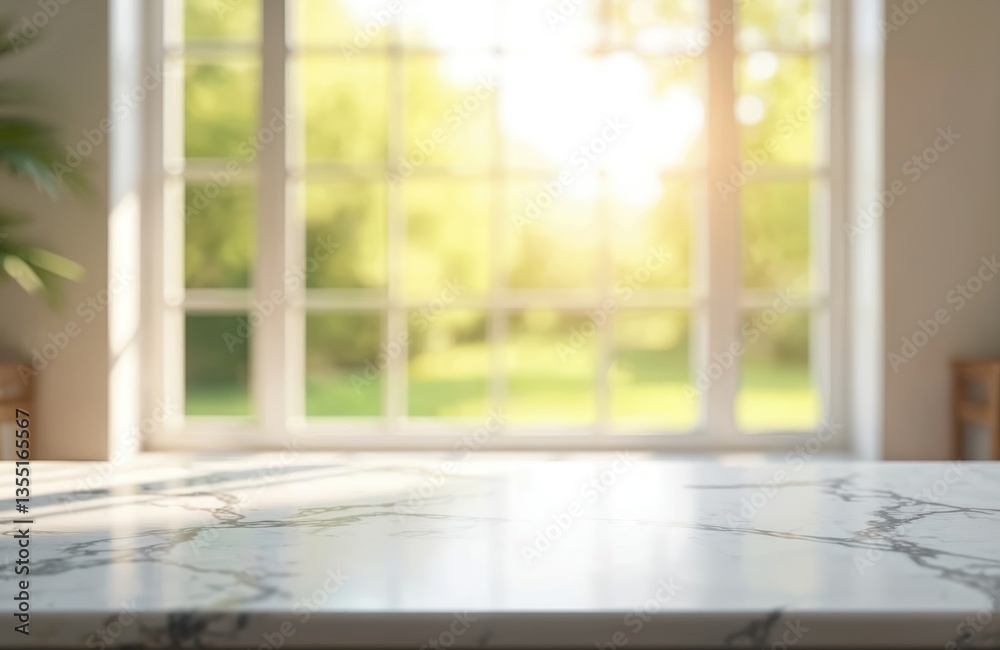 Poster marble countertop with blurred window background. sunlight streams through, illuminating the room. b