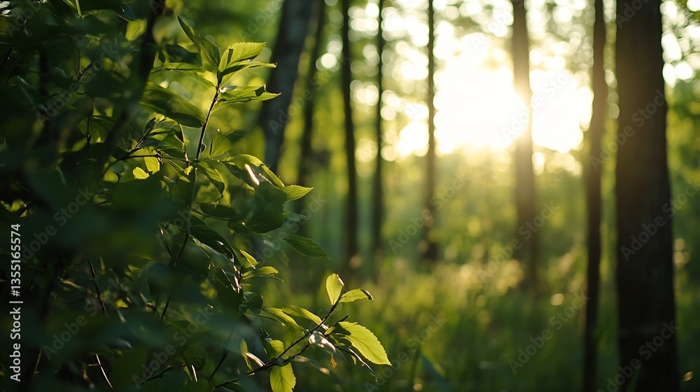 Aufkleber Sunlight Filtering Through Green Leaves in a Peaceful Forest During the Golden Hour : Generative AI