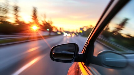 Motion blurred view from a moving car at sunset highlighting the beautiful golden light : Generative AI