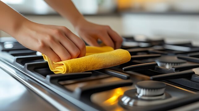 Close-up of Caucasian hands cleaning gas stove with yellow cloth in bright kitchen, suitable for household cleaning product ads, home care blogs, and hygiene tutorials in warm neutral tones