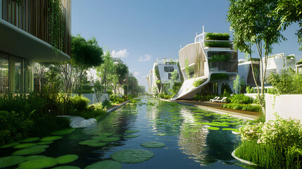 A green urban environment where rainwater collection systems are seamlessly integrated into the architecture, providing water for green spaces and lowering the urban heat island effect.