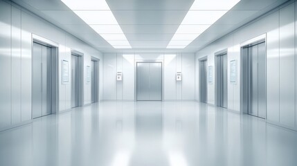 Obraz premium Long white hallway with doors, study in architectural symmetry and minimalist design