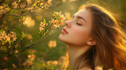 Naklejka premium Young woman enjoying scent of spring flowers