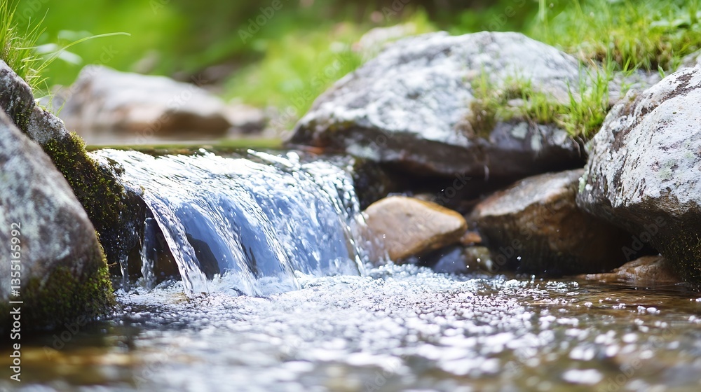 Poster crystal clear stream flowing over rocks surrounded by lush greenery : generative ai