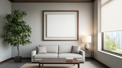 Zen productivity focus and meditation, A modern, minimalist living room featuring a grey sofa, a wooden table, a tall plant, and natural light from a large window.