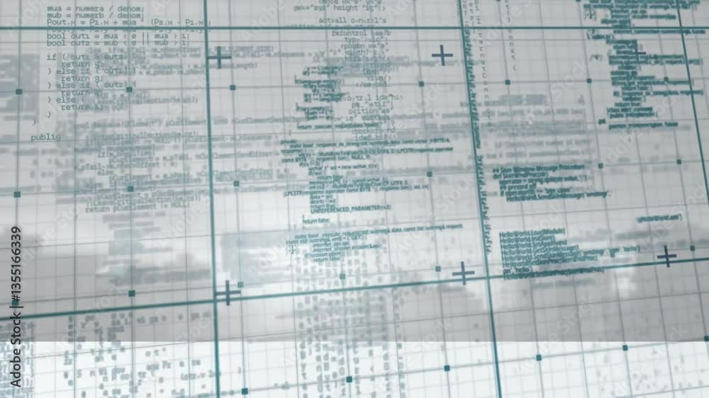 Poster displaying technical data and code with blue markings in animation grid