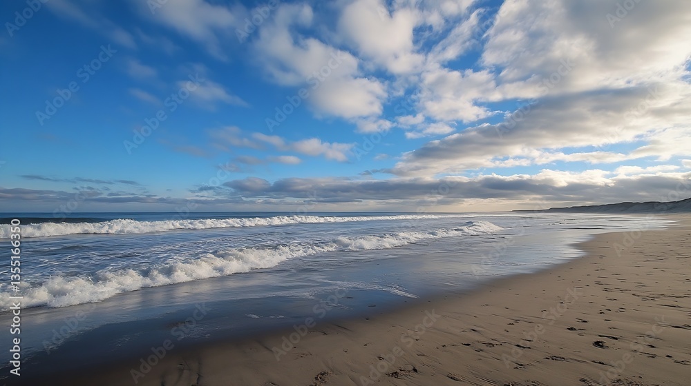 Poster picturesque beach scene with gentle waves and vibrant clouds creating a perfect coastal paradise : g