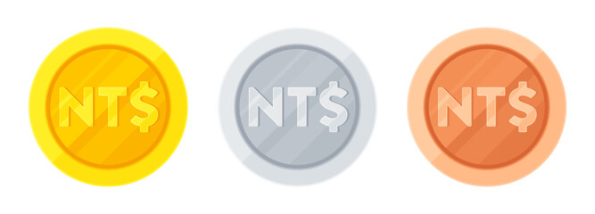 Set of gold, silver and copper coins with New Taiwan dollar sign (NT$). Economy, finance, investment, profit, money, TWD currency concept. Flat vector illustration isolated on white background