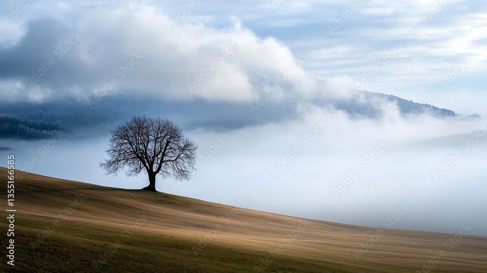 Poster solitary tree on a hilltop landscape covered in fog with a dramatic sky in the background : generati