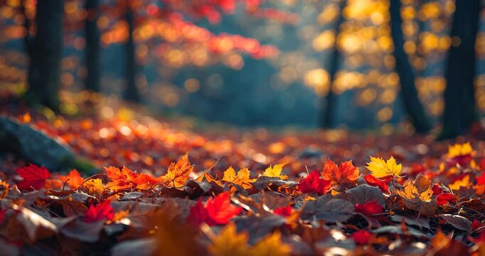 Autumn nature image captured from the base of a hiking trail where fallen leaves accumulate.
