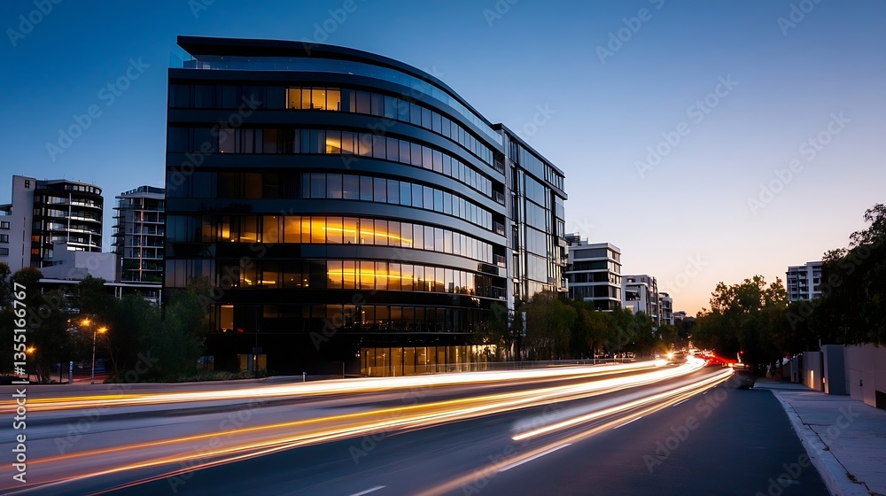 Poster modern architectural design of a glass building at dusk with vibrant city lights reflecting off the 
