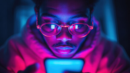 brain rot Lost in Digital Glow. A young man stares intently at his smartphone, bathed in the glow of pink and blue light, lost in digital distraction.