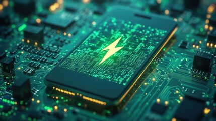 Fototapeta premium Smartphone charging on circuit board, energy.