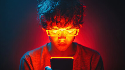 brain rot Smartphone Addiction. Teenager is illuminated by the glow of a smartphone, suggesting addiction and digital overload in the modern world.