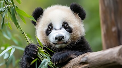 Fototapeta premium Adorable panda cub curiously nibbling on bamboo in a lush green habitat surrounded by trees : Generative AI
