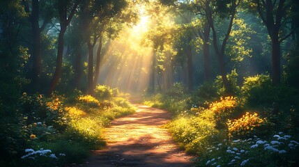 Obraz premium Mystical forest path beams of sunlight green nature high resolution hd image