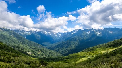 Fototapeta premium Stunning panoramic view of a green valley surrounded by majestic mountains under a bright blue sky with fluffy clouds : Generative AI