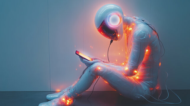 Digital Obsession: Tech Addiction. Figure absorbed in phone, wrapped in lights, suggesting addiction to technology, a form of brain rot in the digital age.