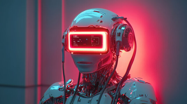 brain rot Cyborg Visor: Digital Dependency. Futuristic cyborg headshot with digital screen visor, illustrating technology dependency and potential brain rot from over-stimulation.