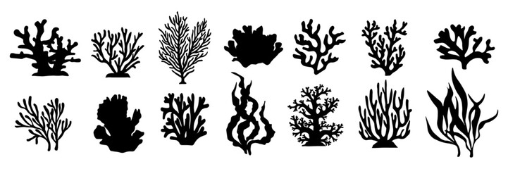Fototapeta premium Algae and corals on water. Black silhouettes aquarium plants vector illustrations, underwater algae and ocean coral icons