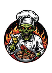 A decayed zombie chef, wearing a soiled chef's hat, stirs a bubbling pot of unidentified, possibly gruesome, stew.  The scene is dimly lit, emphasizing the horror.