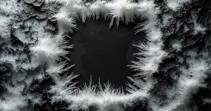 A border featuring a frosty design against a black backdrop. An abstract ice structure frame provides the opportunity to apply or enhance a frost effect. Frost on the glass, freezing effect.