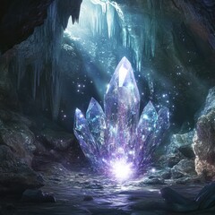 Obraz premium A glowing crystal bomb in a mystical cave, radiating magical energy, surrounded by sparkling stalactites, fantasy and ethereal, ultra-detailed