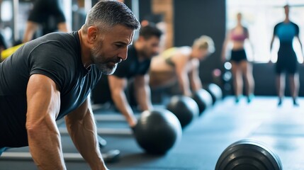 Focused group of fitness enthusiasts performing exercises in a modern gym environment : Generative AI