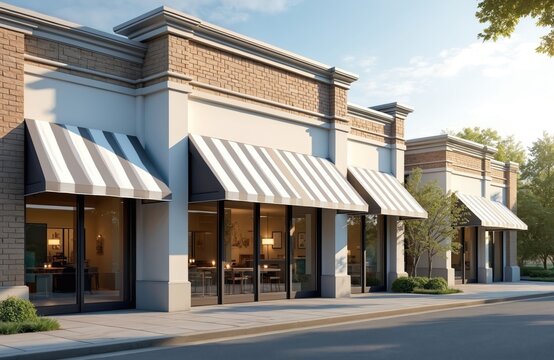 Commercial retail property with storefront and office space. Exterior with canopy and awnings. Urban architecture, suburban town, shop, business, real estate development for sale or rent.