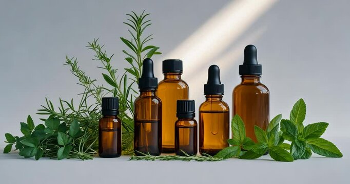 Bottles containing essential oils and fresh herbs against a white background.