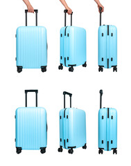Luggage set for a stylish journey. Large blue suitcase with telescopic handle and wheels, perfect