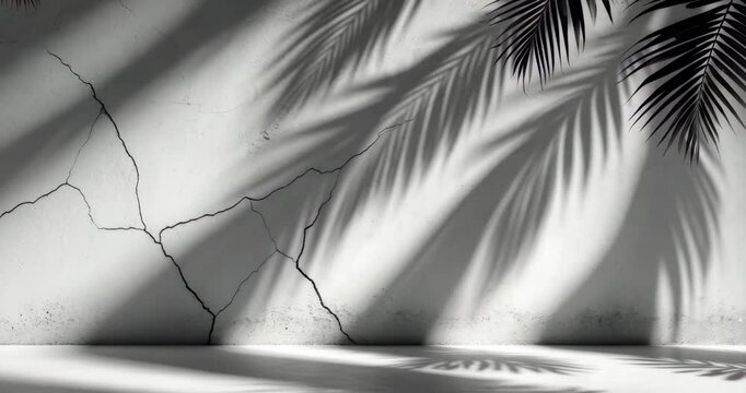 Abstract gray shadow backdrop of natural palm leaves cascading on white concrete wall texture featuring cracked lines for background and wallpaper, in a black and white monochrome style.