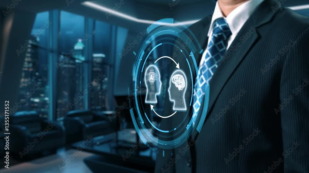 Poster human interact with ai artificial intelligence brain processor in concept of ai artificial intellige